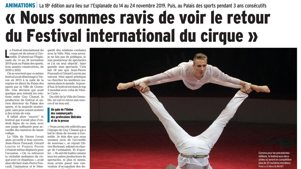 Article dauphiné libéré 2019 Festival International du Cirque à Grenoble
